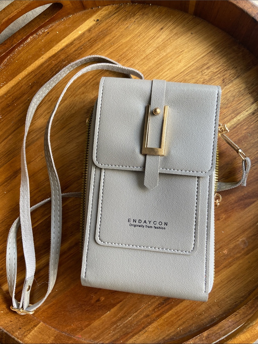 Gray Crossbody Phone Bag with Gold Accent